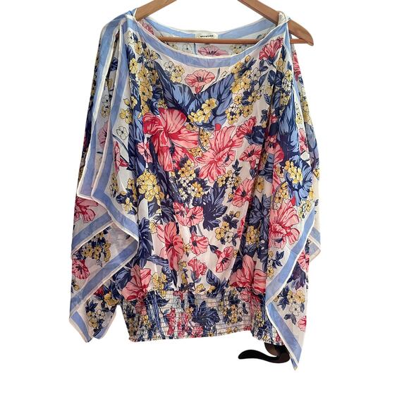 Max Studios Womens 3X Floral Top w/ Open Slit Sleeves and Shirred Waistband - Picture 10 of 10